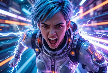 Energetic futuristic woman in glowing armor, expressing power. Generative AI