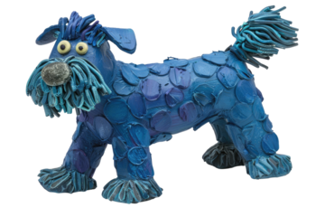 A whimsical blue dog sculpture made from textured materials, showcasing creativity and fun.