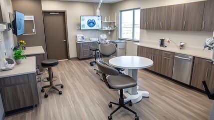 Modern dental office interior with examination chair, equipment, and cabinetry.
