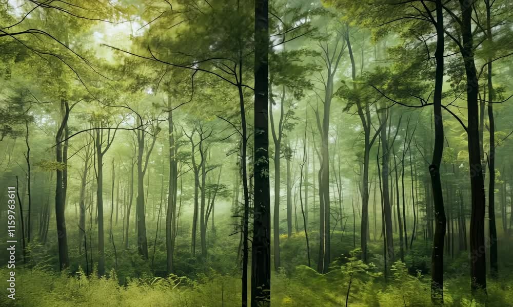 Poster misty forest at dawn with sunlight filtering through trees