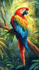 Obraz premium A vibrant parrot perched on a branch amidst a lush, tropical forest.
