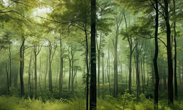 Misty forest at dawn with sunlight filtering through trees