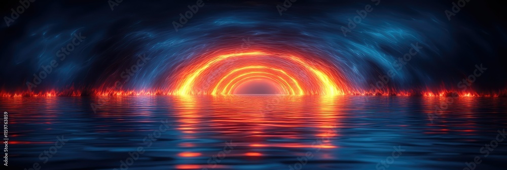 Poster a surreal tunnel of light reflecting on water, creating a mesmerizing atmosphere.