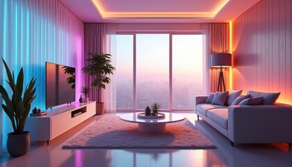  A modern living room boasts a large window offering a cityscape view, with a white sofa, coffee table, and flat-screen TV, complemented by a large potted plant and a lamp.