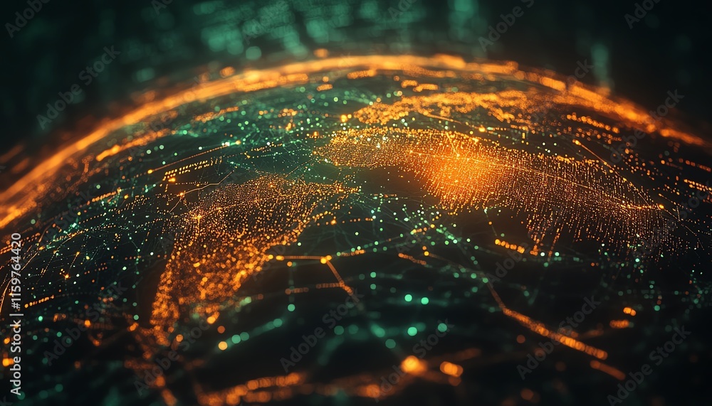 Poster a global network on earth with glowing data pathways and connected digital nodes, illustrating the p