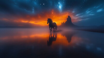 Fototapeta premium A lone horse runs across a tranquil lake at sunset