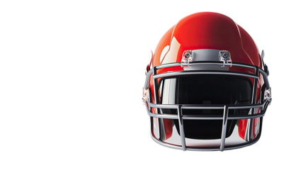 A shiny red football helmet with a faceguard, designed for safety in sports.