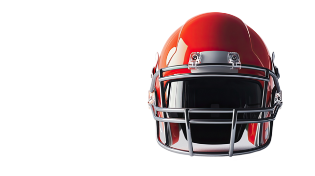 A shiny red football helmet with a faceguard, designed for safety in sports. - Powered by Adobe