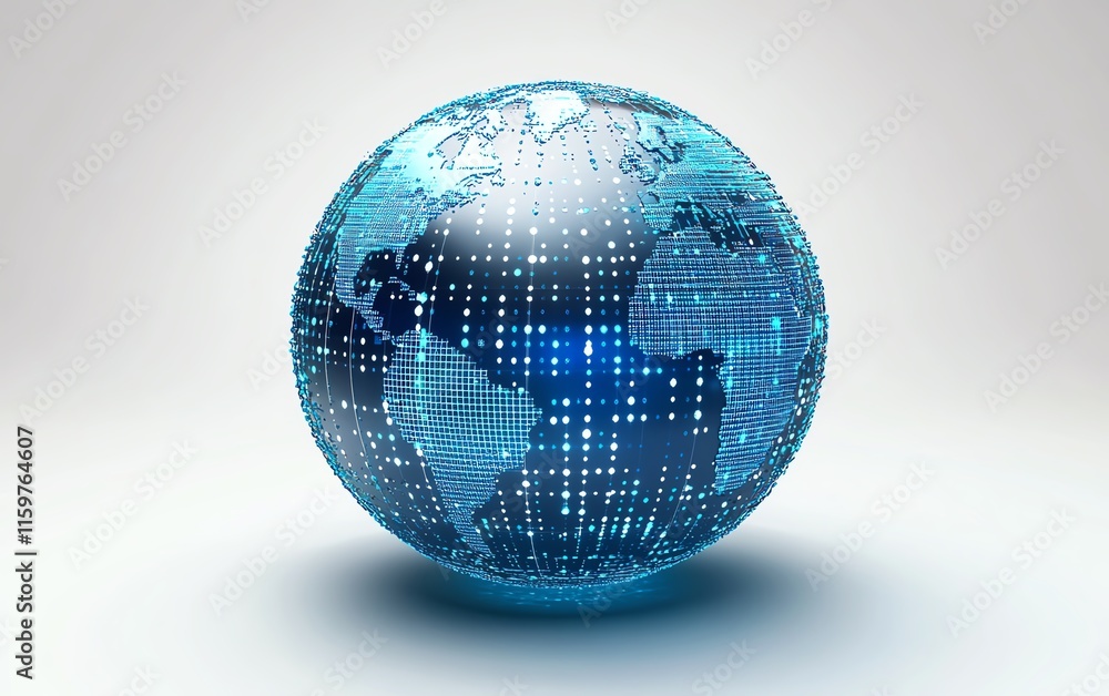 Poster a hightech digital globe with interconnected nodes, data transfer lines, and cybernetic elements, re