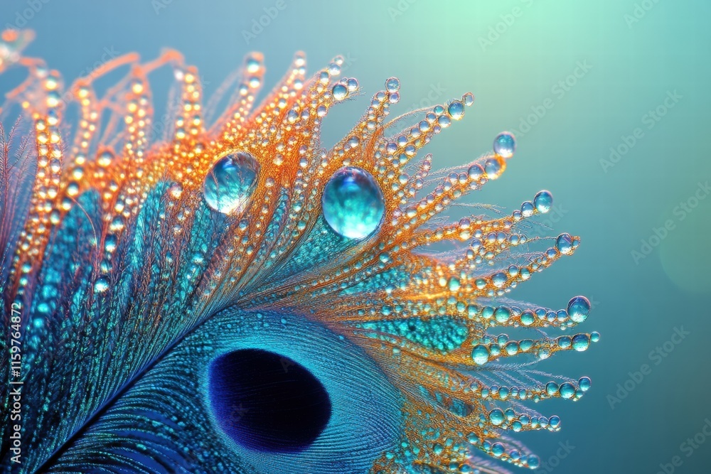 Poster close up view of a vibrant peacock feather adorned with dew drops showcasing natural beauty and colo