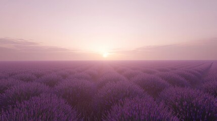 Serene sunset over a vast lavender field.