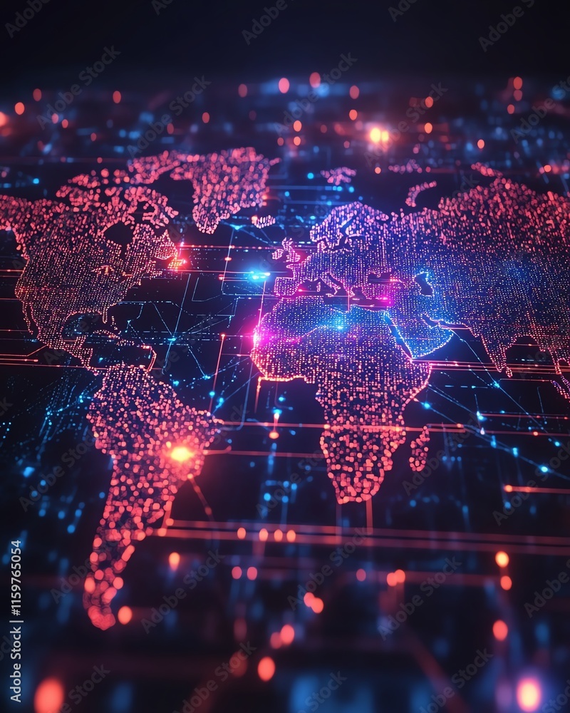 Poster a sleek, hightech world map with vibrant data flows and digital nodes, symbolizing the interconnecti