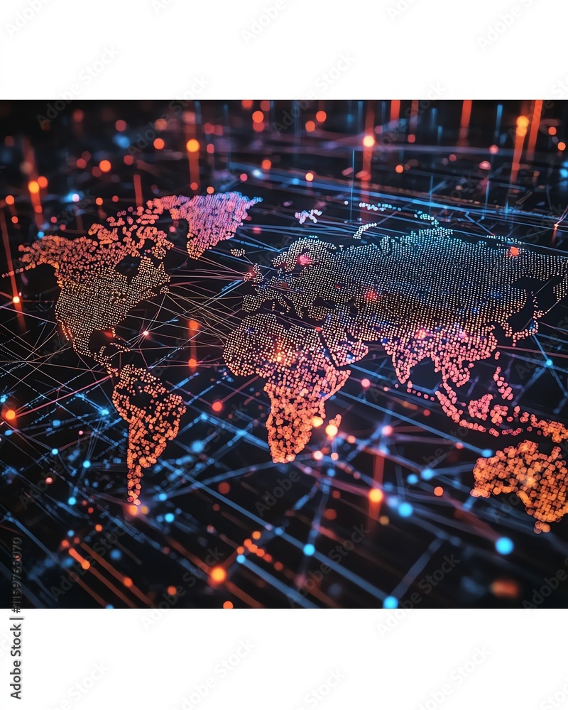 Poster a sleek, hightech world map with vibrant data flows and digital nodes, symbolizing the interconnecti