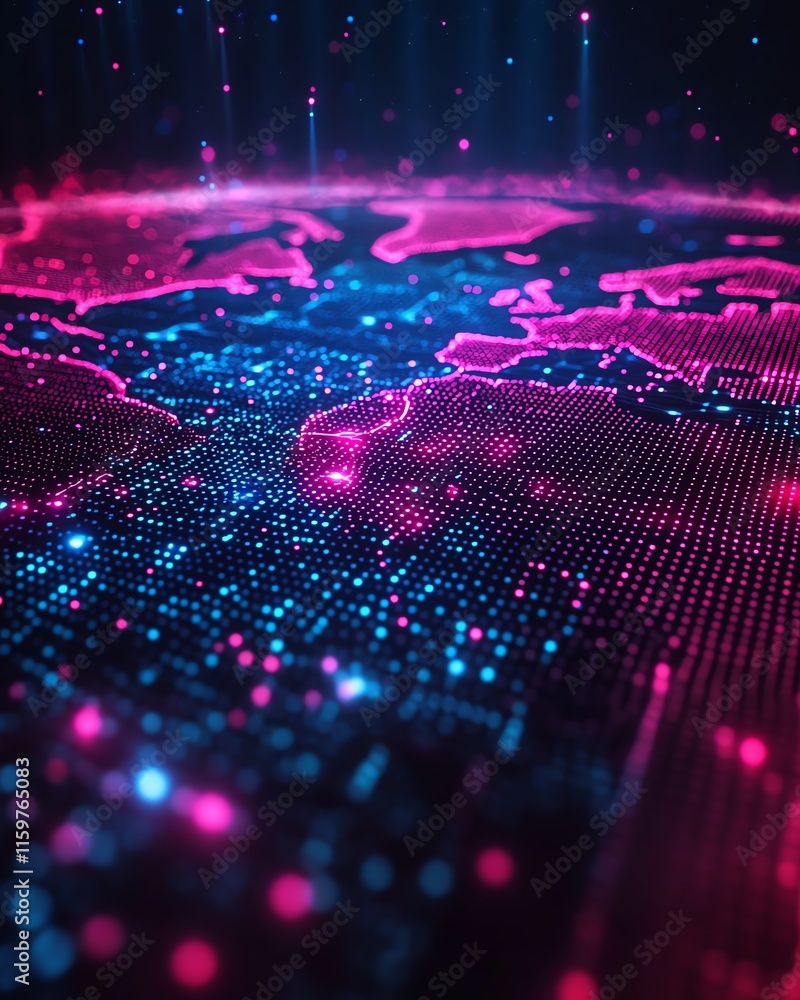Poster a sleek, hightech world map with vibrant data flows and digital nodes, symbolizing the interconnecti
