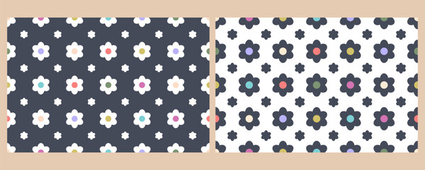 Set of Flower seamless pattern. Repeat background with cute color Flowers. Cartoon outline template for decoration, wallpaper, textiles, printing, romantic art. Holiday design. Vector illustration