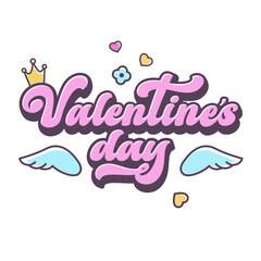 Happy Valentine's Day lettering. Hand drawn outline template in Retro style. Valentine text, cute hearts, golden crown, cupid, angel wings. Valentines typography. Vector cartoon illustration