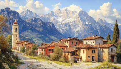 An enchanting view of Rocca Pietore, showcasing the village s small church under a clear blue sky, framed by the rugged beauty of the Dolomites