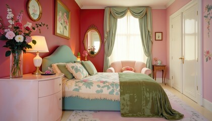  A pink bedroom features a large bed with a green and white floral comforter, a pink armchair, a white dresser with a lamp, and a vase of pink and white flowers.