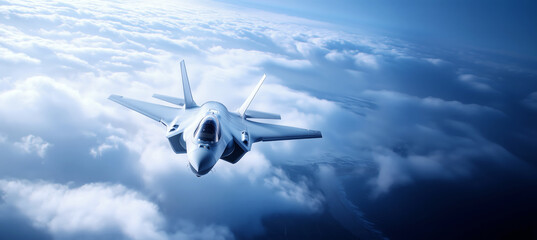 Top view of modern Fighting stealth multirole combat aircraft flying above clouds over deserted dry mountains and desert below. Military technology and defence industry concep