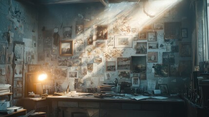 Sunlit artist's studio with cluttered desk and wall filled with paintings and photos.