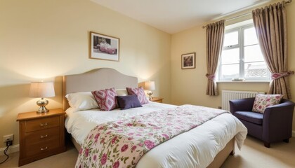  A cozy bedroom features a large bed with a floral comforter, flanked by wooden nightstands with lamps, and a window with curtains.