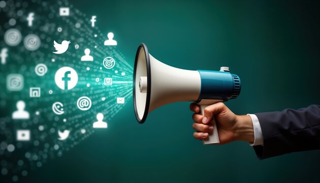 Hand holds megaphone social media icons. Glowing social media symbols like, spread from megaphone. Promoting social media service. Dark green background. Modern marketing advertising concept.