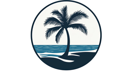 A stylized palm tree silhouette against a serene ocean backdrop in a circular design.