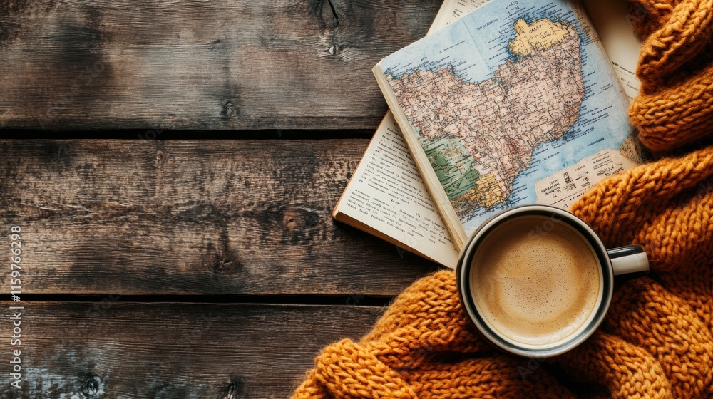 Aufkleber enjoying coffee and exploring a travel guide in a cozy flatlay setting perfect for adventure plannin