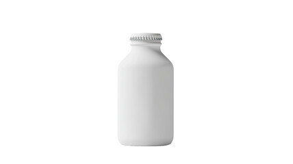 A simple, white milk bottle with a screw cap, commonly used for storing beverages.