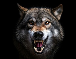 Obraz premium The muzzle of an evil wolf on a black background