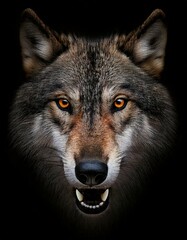 Fototapeta premium The muzzle of an evil wolf on a black background