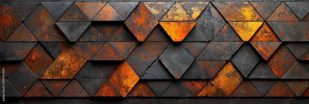 Poster a textured surface of interlocking triangular tiles in dark and rusty colors.