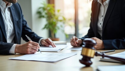 Business partners sign legal documents at office desk. Barrister helper checks terms of agreement, explains to boss. Collaboration in law firm. Important contract signing. Formal meeting. Legal