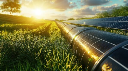 Solar panels and pipeline at sunset.
