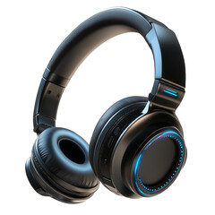 Black wireless gamer headphones with blue accents and sleek design, isolated on white.