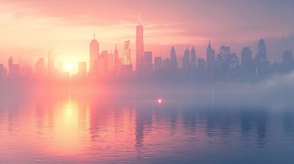 Fototapeta premium Misty sunrise over a cityscape reflected in calm water.