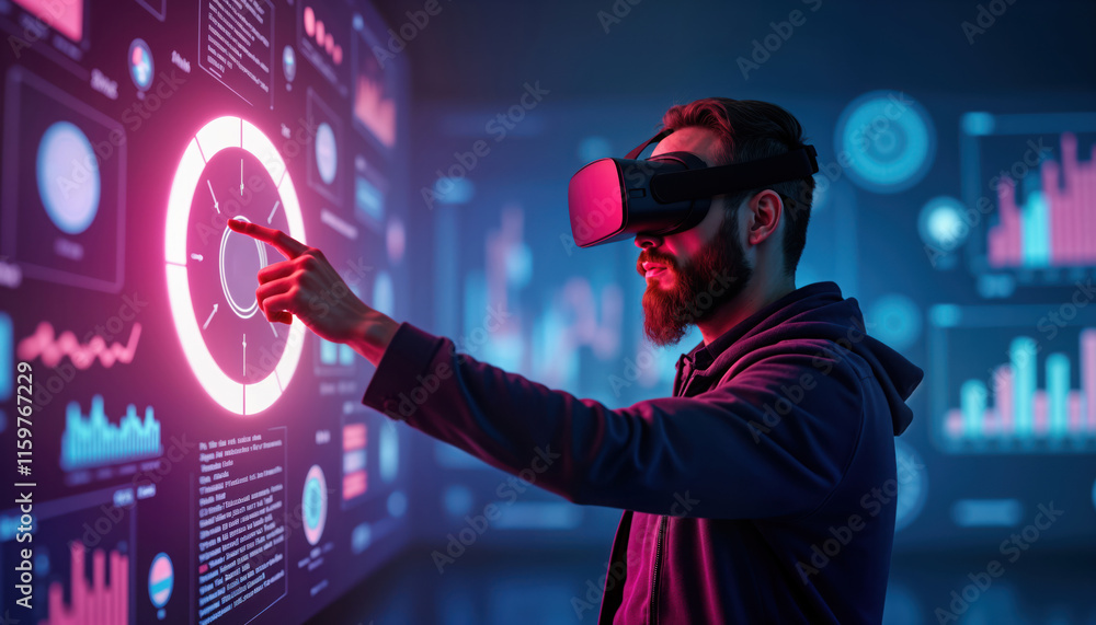 Poster man wearing vr headset interacts with digital interface. uses hand gestures to navigate, touch digit