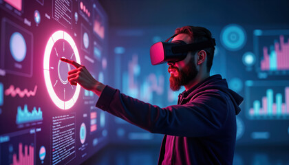 Man wearing VR headset interacts with digital interface. Uses hand gestures to navigate, touch digital screen display. Futuristic tech environment. Modern city background. Person explores virtual
