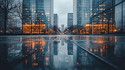 City street at night, reflecting lights in rain.