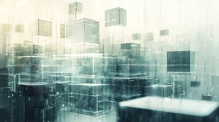 Obraz premium Abstract digital cityscape with translucent cubes and glowing lines.