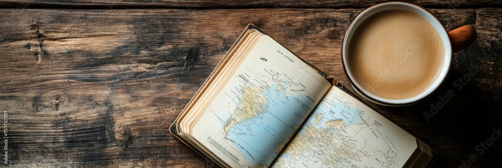 Aufkleber enjoying a cozy travel experience with a warm cup of coffee and an open guide on a rustic wooden tab