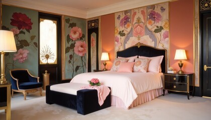  A luxurious bedroom features a large bed with white linens, a blue armchair, a gold side table with a lamp, and a large floral mural on the wall.
