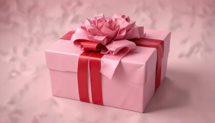 Fototapeta premium A beautifully wrapped gift box filled with soft pink and red tissue paper and a bow made of flowers, gift box, tissue paper