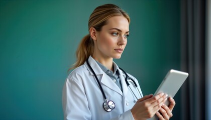 Female doctor examines health data on digital tablet. Medical pro reviews patient care. Continuous assessment of health outcomes in modern healthcare. Focus on quality care, improvement of health
