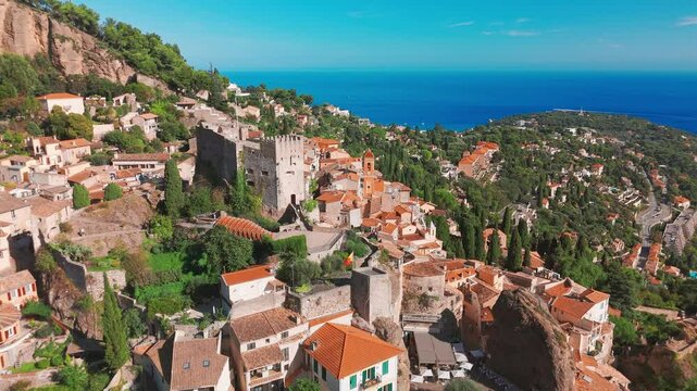 Aerial view of the medieval village of Roquebrune-Cap-Martin in French Riviera