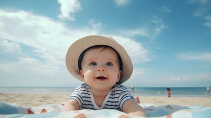 A cute baby on the beach enjoying the breeze, big eyes, cute smile