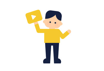 動画プレーヤーアイコンを持つ人物のフラットデザインイラスト ( ベクター素材 シンプル デフォルメ )