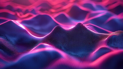 Abstract pink and blue digital landscape with glowing waves.