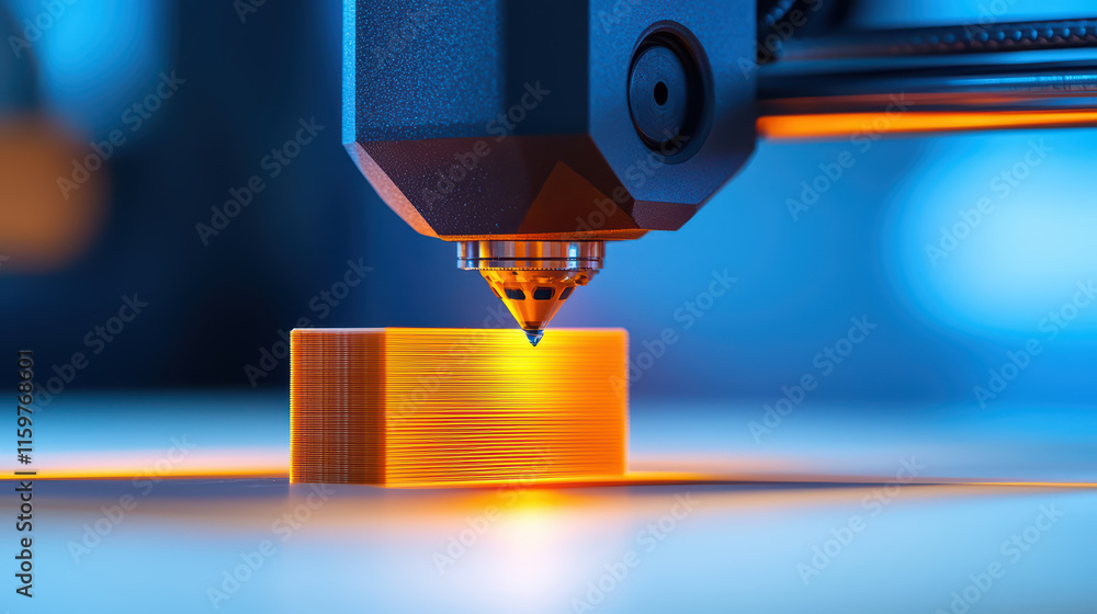 Poster close up of 3d printer nozzle creating orange filament object, showcasing precision and technology i