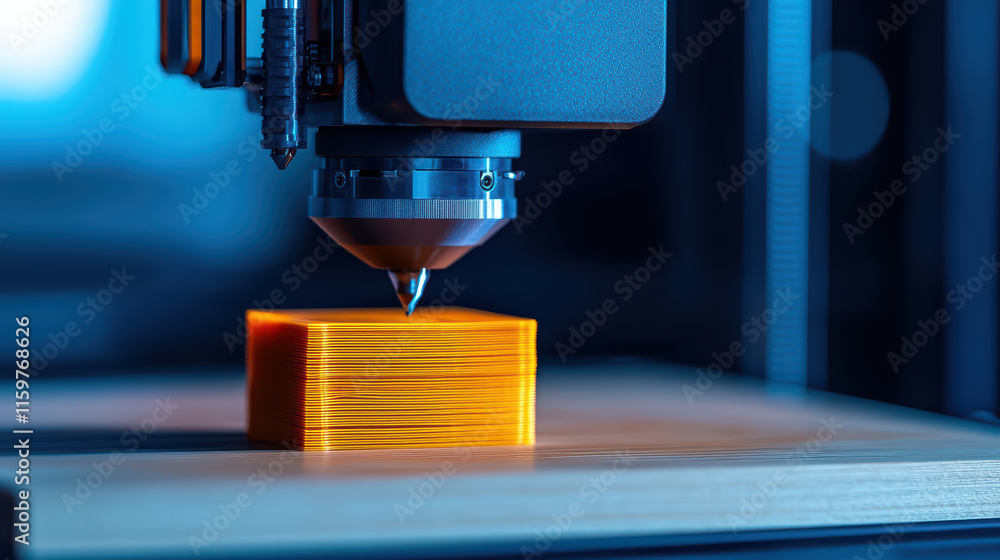 Poster close up of 3d printer nozzle creating orange object, showcasing precision and technology in action